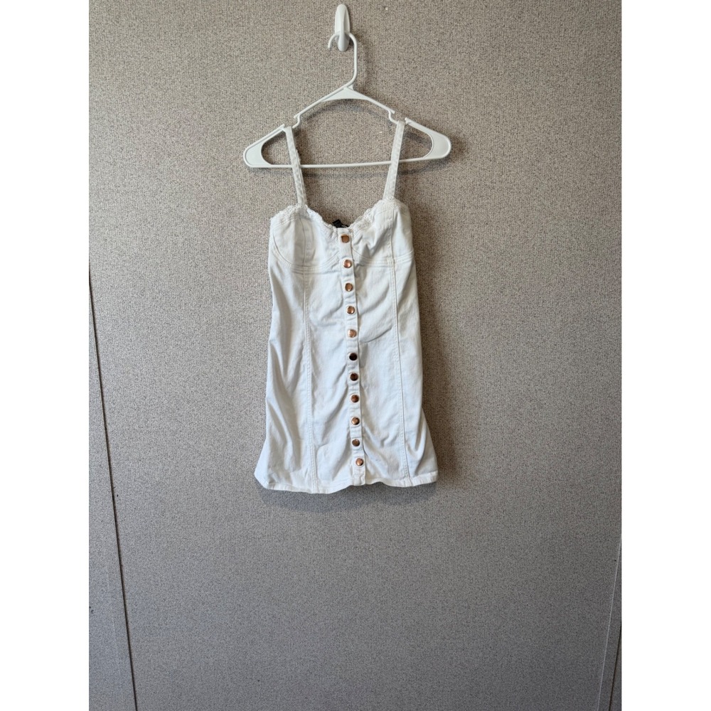 Forever 21 White Denim Button Front Mini Dress Eyelet Lace Trim Smocked Back